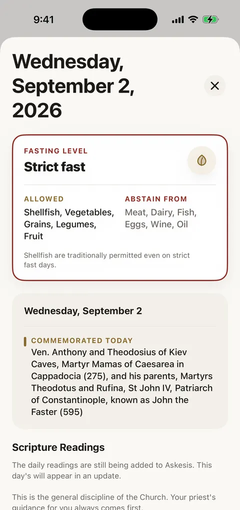 A strict fast day, showing what is allowed and what is set aside
