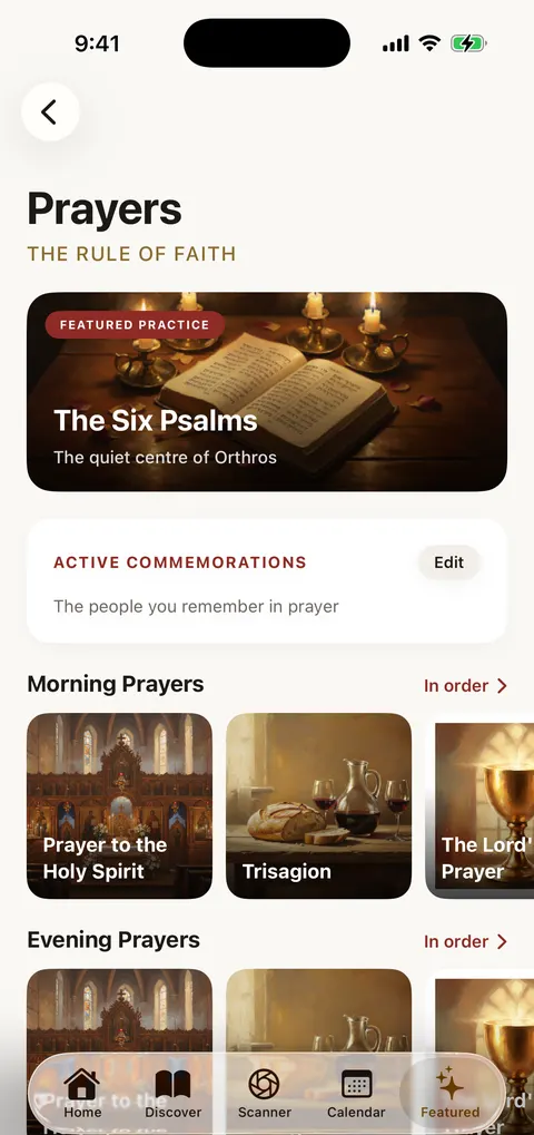 The prayers screen, one card per prayer